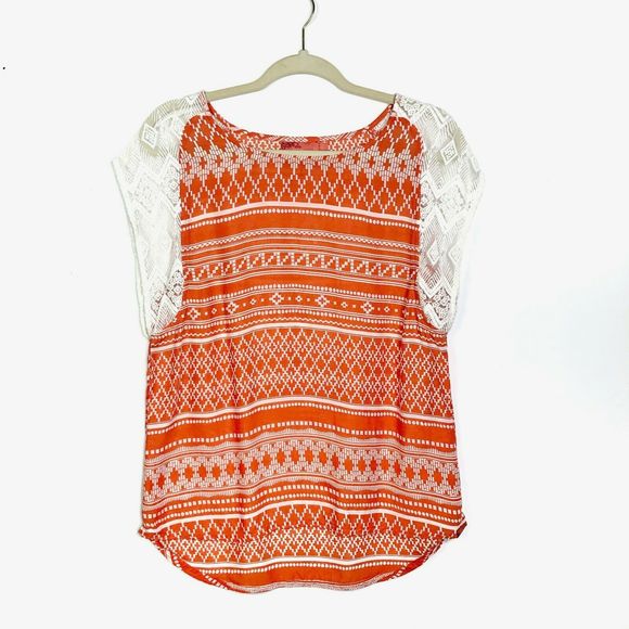 Prana Aleen Top Sleeves Lightweight Hiking Boho Geometric SunlitOrange Size M - Picture 7 of 9